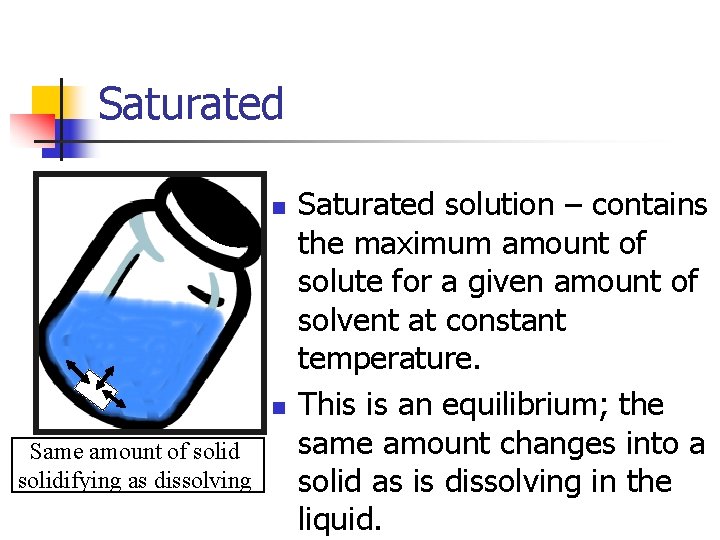 Saturated n n Same amount of solidifying as dissolving. Saturated solution – contains the