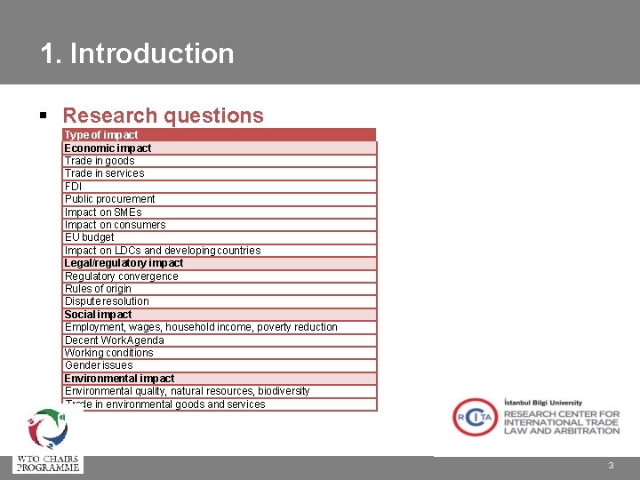 1. Introduction Research questions Type of impact Economic impact Trade in goods Trade in