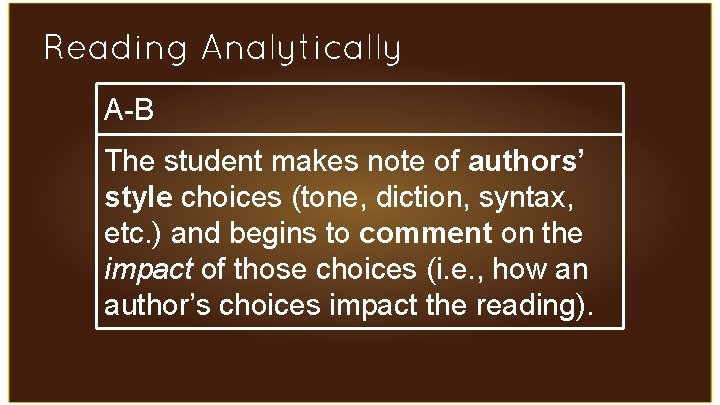 Reading Analytically A-B The student makes note of authors’ style choices (tone, diction, syntax,