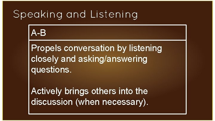 Speaking and Listening A-B Propels conversation by listening closely and asking/answering questions. Actively brings