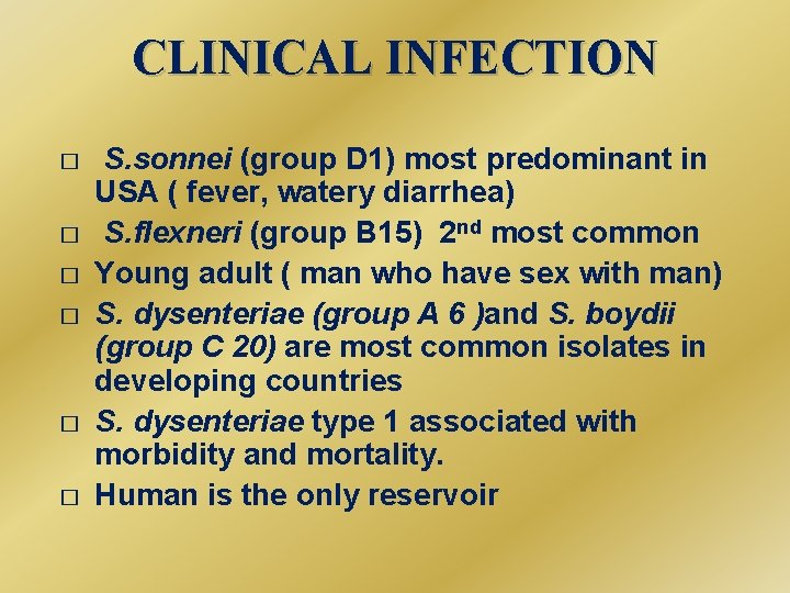 CLINICAL INFECTION � � � S. sonnei (group D 1) most predominant in USA