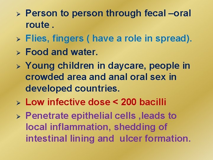 Ø Ø Ø Person to person through fecal –oral route. Flies, fingers ( have