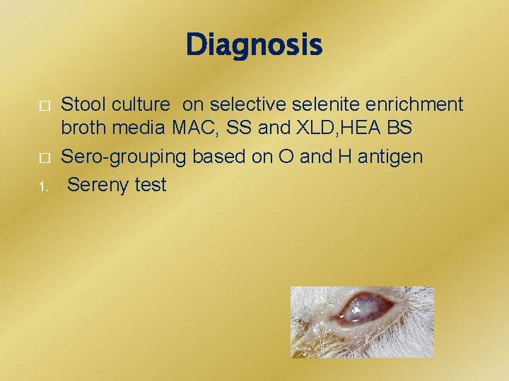 Diagnosis � � 1. Stool culture on selective selenite enrichment broth media MAC, SS