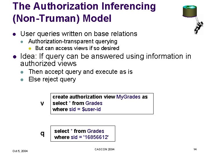 The Authorization Inferencing (Non-Truman) Model l User queries written on base relations l Authorization-transparent