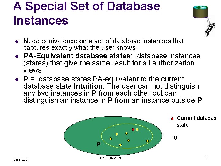 A Special Set of Database Instances l Need equivalence on a set of database