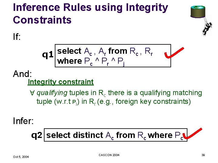 Inference Rules using Integrity Constraints If: q 1 select Ac , Ar from Rc