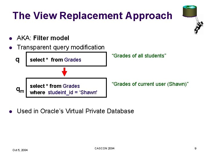 The View Replacement Approach l l l AKA: Filter model Transparent query modification “Grades