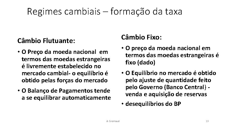 Regimes cambiais – formação da taxa Câmbio Fixo: Câmbio Flutuante: • O Preço da