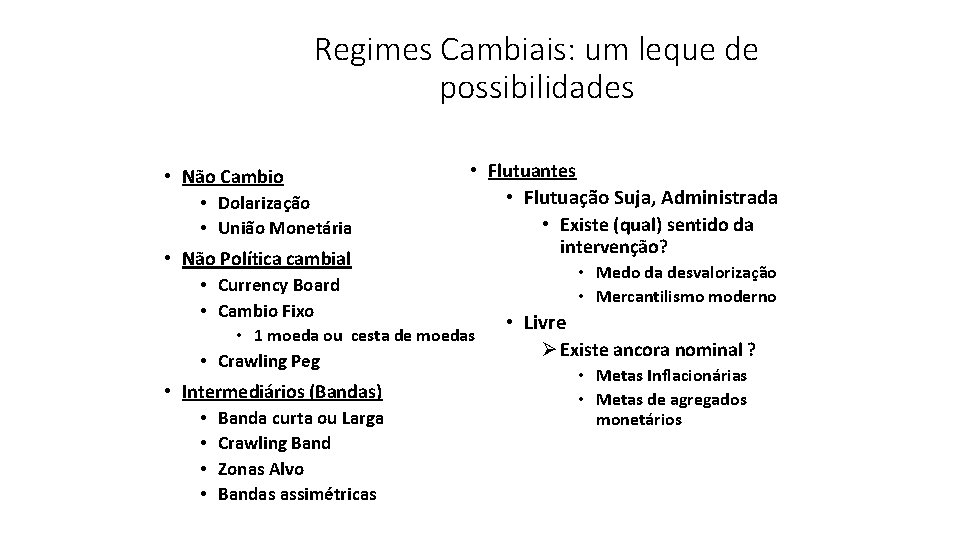 Regimes Cambiais: um leque de possibilidades • Não Cambio • Dolarização • União Monetária