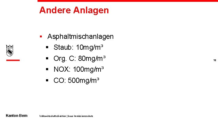 Andere Anlagen § Asphaltmischanlagen § Staub: 10 mg/m³ § Org. C: 80 mg/m³ §