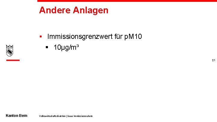 Andere Anlagen § Immissionsgrenzwert für p. M 10 § 10µg/m³ 21 Kanton Bern Volkswirtschaftsdirektion