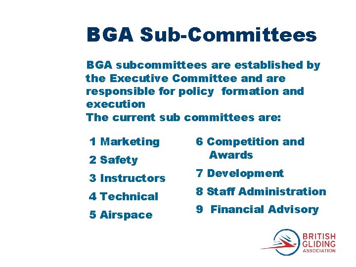 BGA Sub-Committees BGA subcommittees are established by the Executive Committee and are responsible for