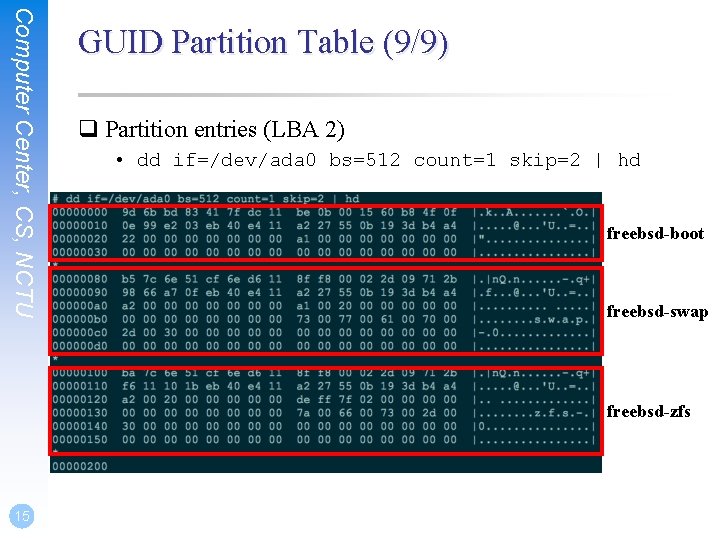 Computer Center, CS, NCTU GUID Partition Table (9/9) q Partition entries (LBA 2) •