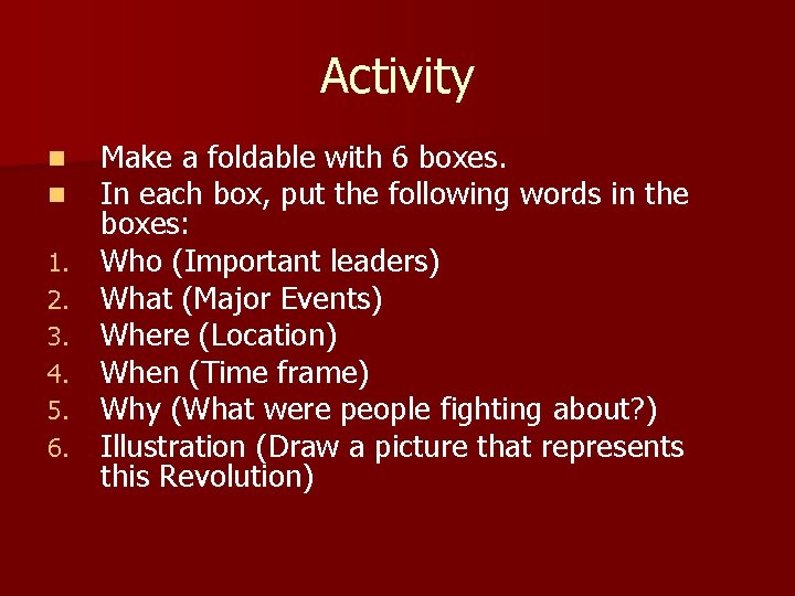 Activity n n 1. 2. 3. 4. 5. 6. Make a foldable with 6