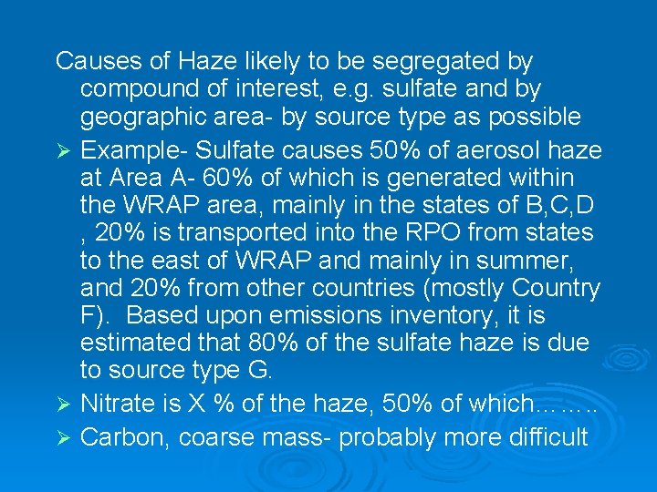 Causes of Haze likely to be segregated by compound of interest, e. g. sulfate