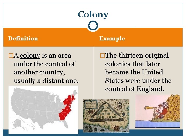 Colony Definition Example �A colony is an area �The thirteen original under the control