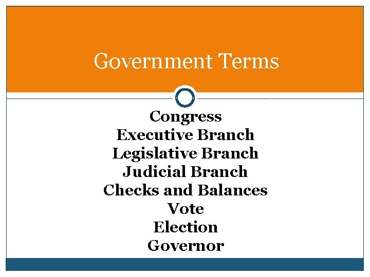 Government Terms Congress Executive Branch Legislative Branch Judicial Branch Checks and Balances Vote Election