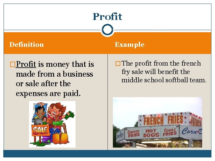 Profit Definition Example �Profit is money that is � The profit from the french