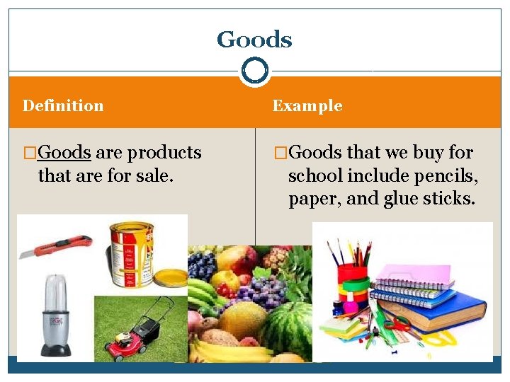 Goods Definition Example �Goods are products �Goods that we buy for that are for