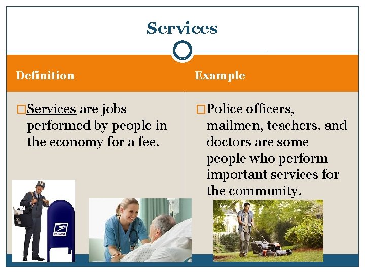 Services Definition Example �Services are jobs �Police officers, performed by people in the economy