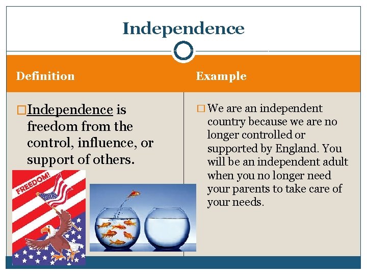 Independence Definition Example �Independence is � We are an independent freedom from the control,