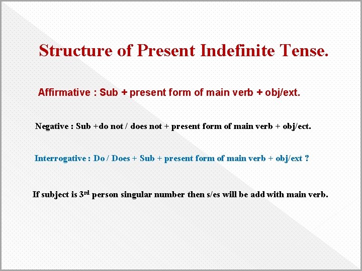 Structure of Present Indefinite Tense. Affirmative : Sub + present form of main verb