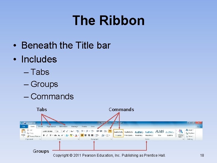 The Ribbon • Beneath the Title bar • Includes – Tabs – Groups –