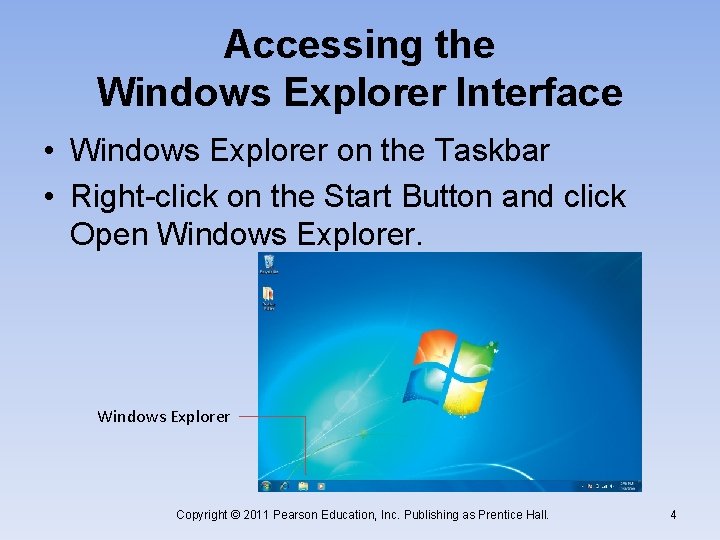 Accessing the Windows Explorer Interface • Windows Explorer on the Taskbar • Right-click on