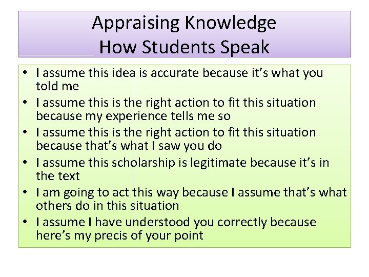 Appraising Knowledge How Students Speak • I assume this idea is accurate because it’s