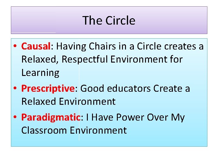 The Circle • Causal: Having Chairs in a Circle creates a Relaxed, Respectful Environment