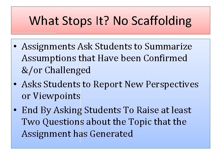 What Stops It? No Scaffolding • Assignments Ask Students to Summarize Assumptions that Have