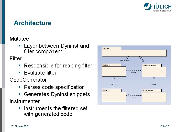 Architecture Mutatee § Layer between Dyninst and filter component Filter § Responsible for reading
