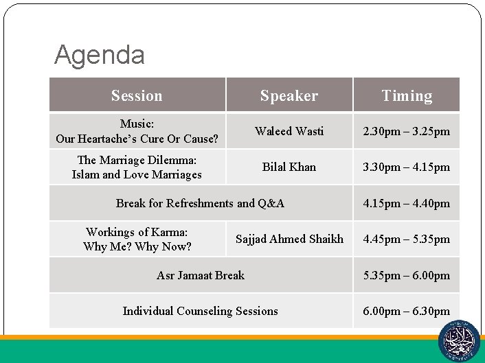 Agenda Session Speaker Timing Music: Our Heartache’s Cure Or Cause? Waleed Wasti 2. 30