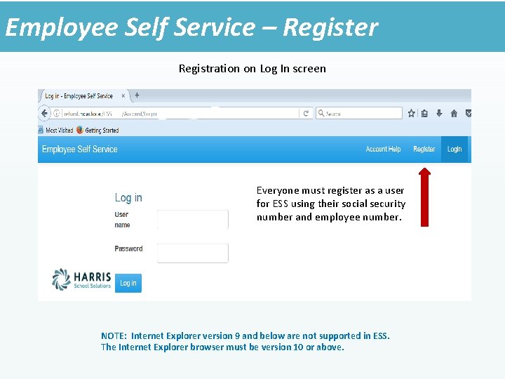 Employee Self Service – Register Registration on Log In screen Everyone must register as