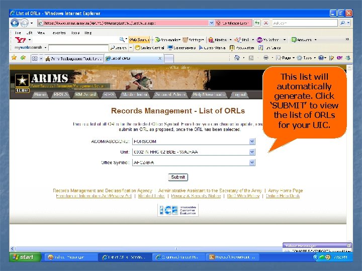 This list will automatically generate. Click ‘SUBMIT’ to view the list of ORLs for