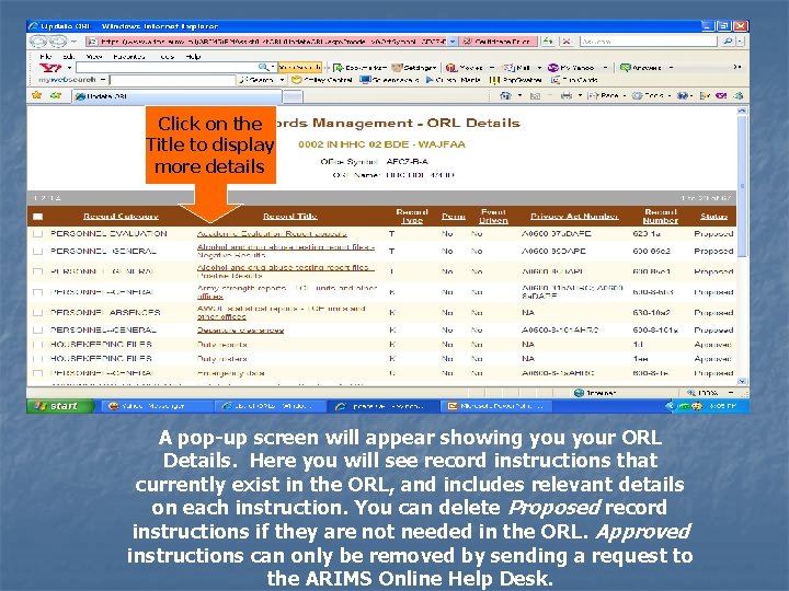 Click on the Title to display more details A pop-up screen will appear showing
