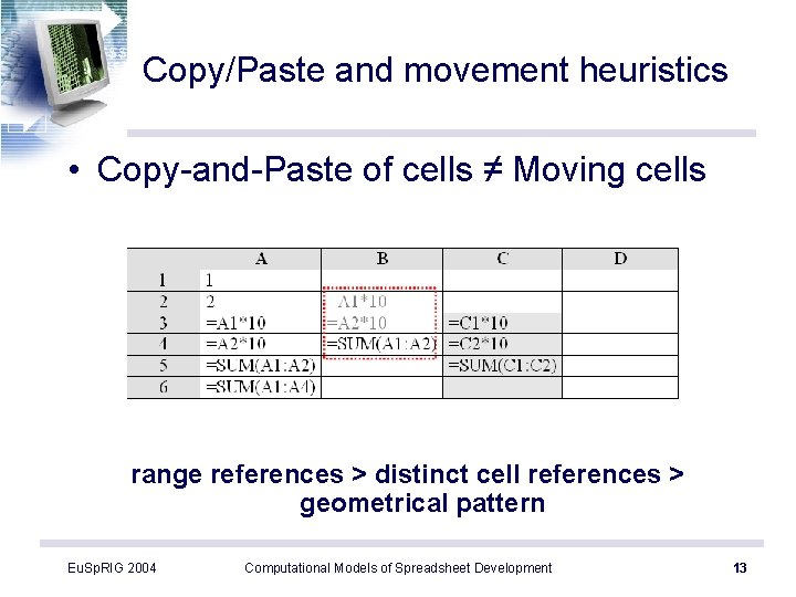 Copy/Paste and movement heuristics • Copy-and-Paste of cells ≠ Moving cells range references >