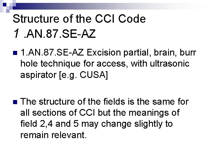 Structure of the CCI Code 1. AN. 87. SE-AZ n 1. AN. 87. SE-AZ