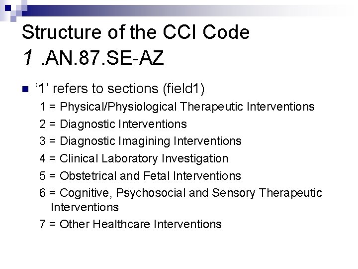 Structure of the CCI Code 1. AN. 87. SE-AZ n ‘ 1’ refers to