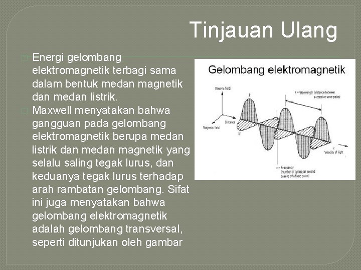 Tinjauan Ulang � � Energi gelombang elektromagnetik terbagi sama dalam bentuk medan magnetik dan