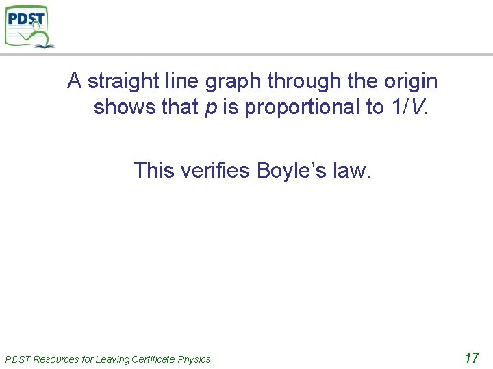 A straight line graph through the origin shows that p is proportional to 1/V.