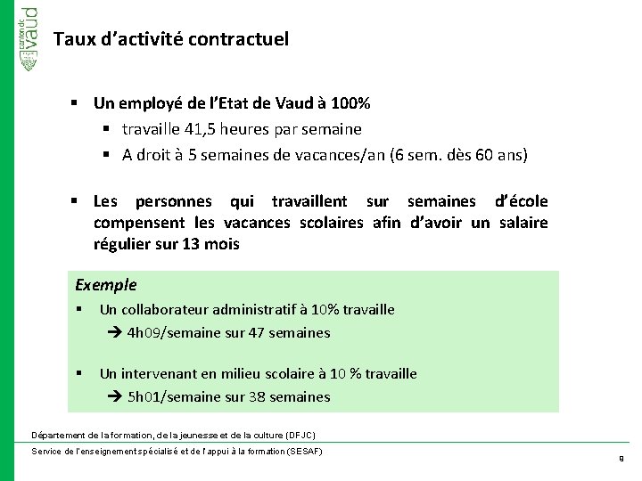 Taux d’activité contractuel § Un employé de l’Etat de Vaud à 100% § travaille