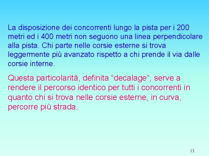 La disposizione dei concorrenti lungo la pista per i 200 metri ed i 400