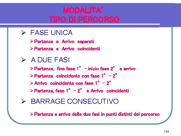 MODALITA’ TIPO DI PERCORSO Ø FASE UNICA Ø Partenza e Arrivo separati Ø Partenza