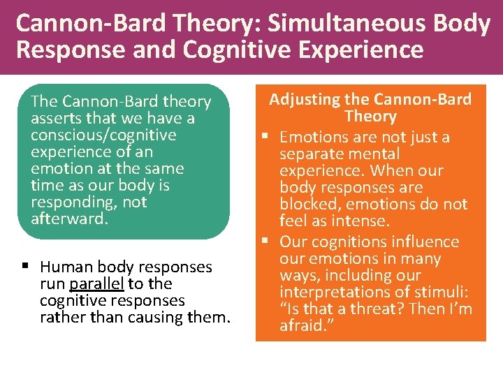 Cannon-Bard Theory: Simultaneous Body Response and Cognitive Experience The Cannon-Bard theory asserts that we