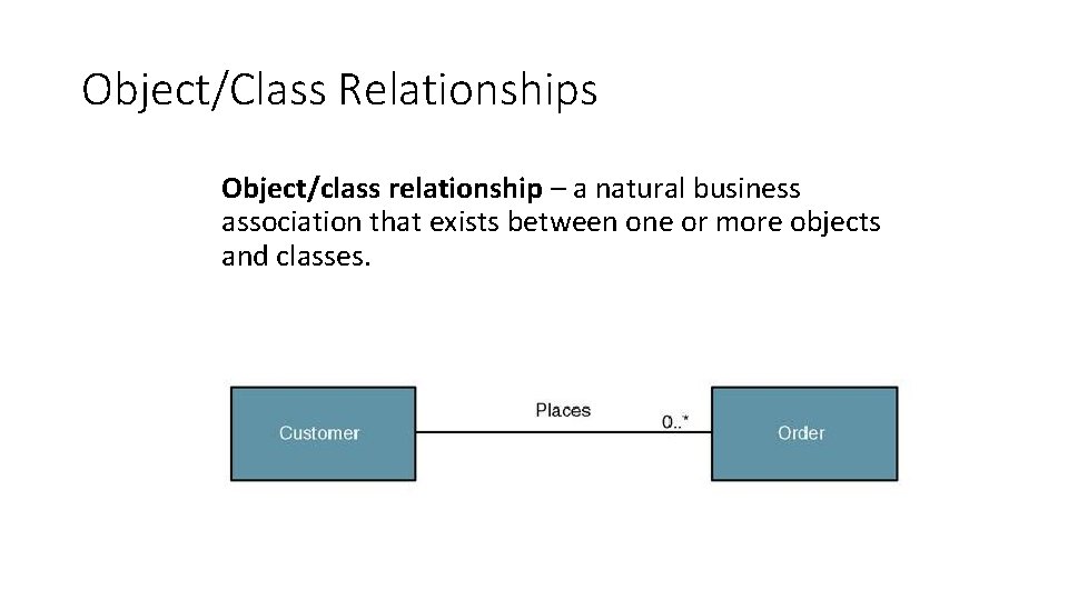 Object/Class Relationships Object/class relationship – a natural business association that exists between one or Object/Class Relationships Object/class relationship – a natural business association that exists between one or