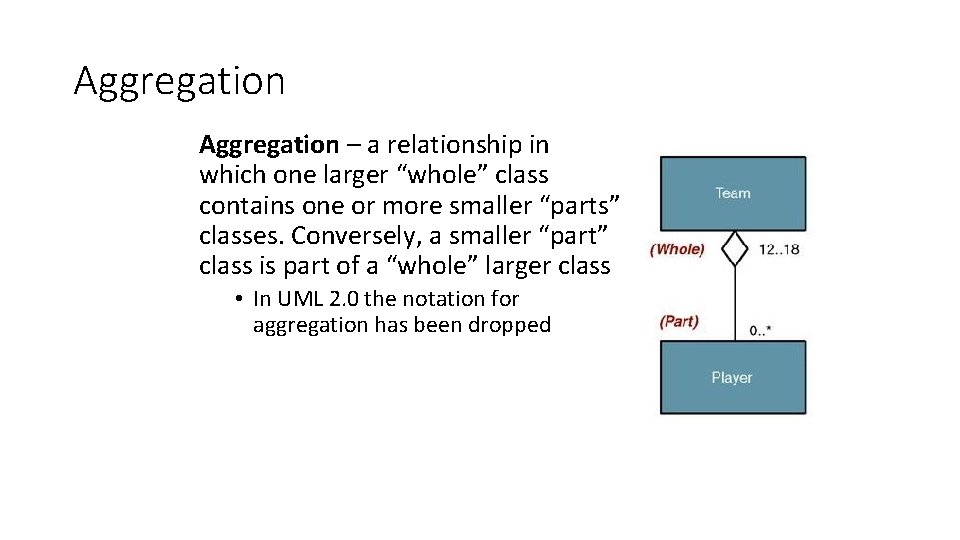 Aggregation – a relationship in which one larger “whole” class contains one or more Aggregation – a relationship in which one larger “whole” class contains one or more