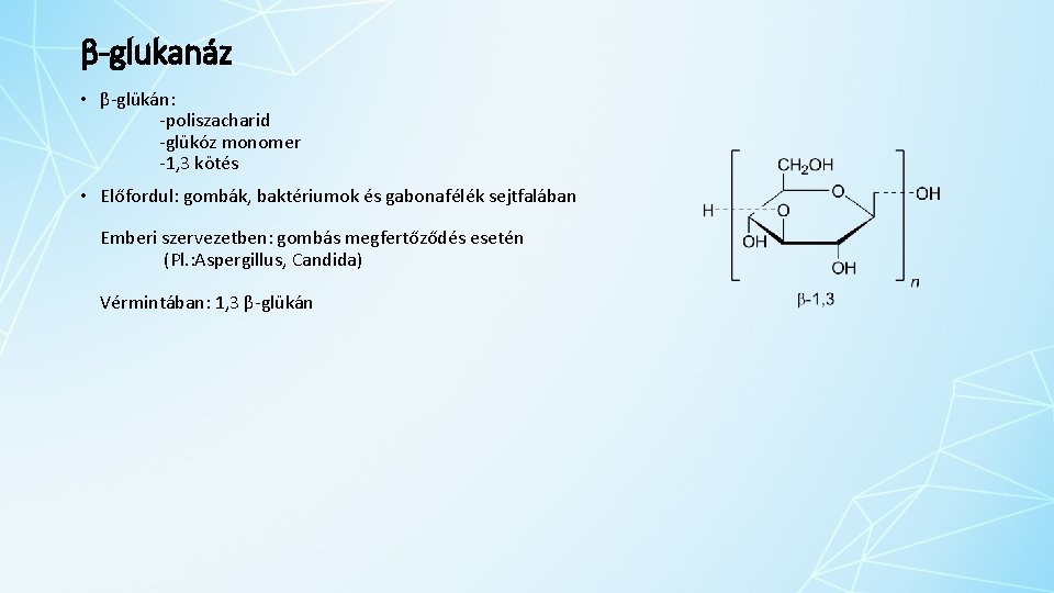 β-glukanáz • β‐glükán: ‐poliszacharid ‐glükóz monomer ‐ 1, 3 kötés • Előfordul: gombák, baktériumok