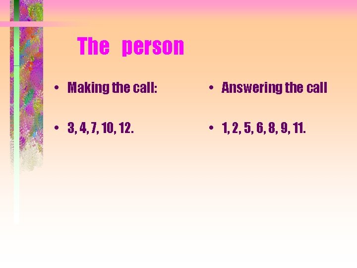 The person • Making the call: • Answering the call • 3, 4, 7,