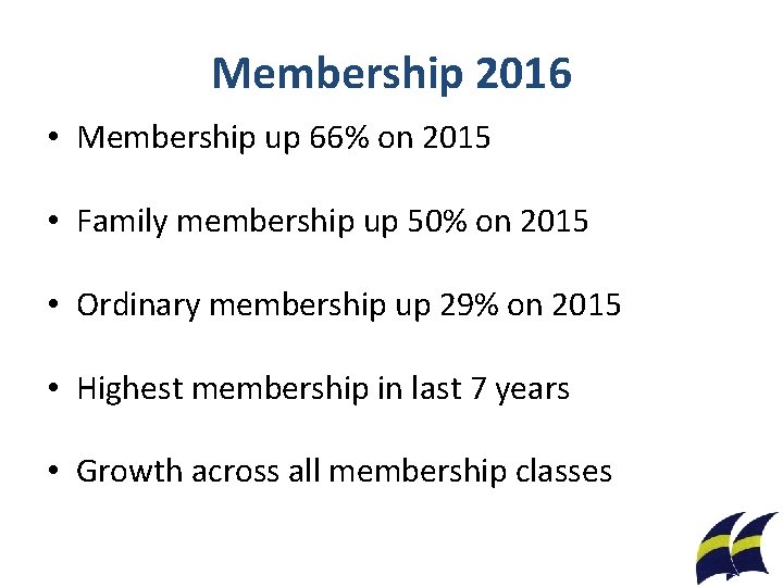 Membership 2016 • Membership up 66% on 2015 • Family membership up 50% on